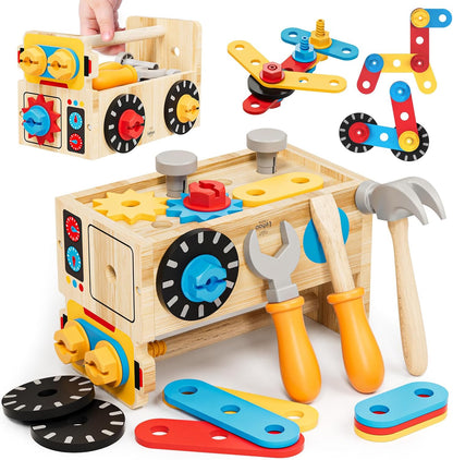 Lehoo Castle Kids Tool Set with Toolbox, Wooden Toys for 3 4 5 Years Old Boy Birthday Gift, Construction Play Tools, STEM Learning Toys for Preschooler, Pretend Play Gifts for Christmas