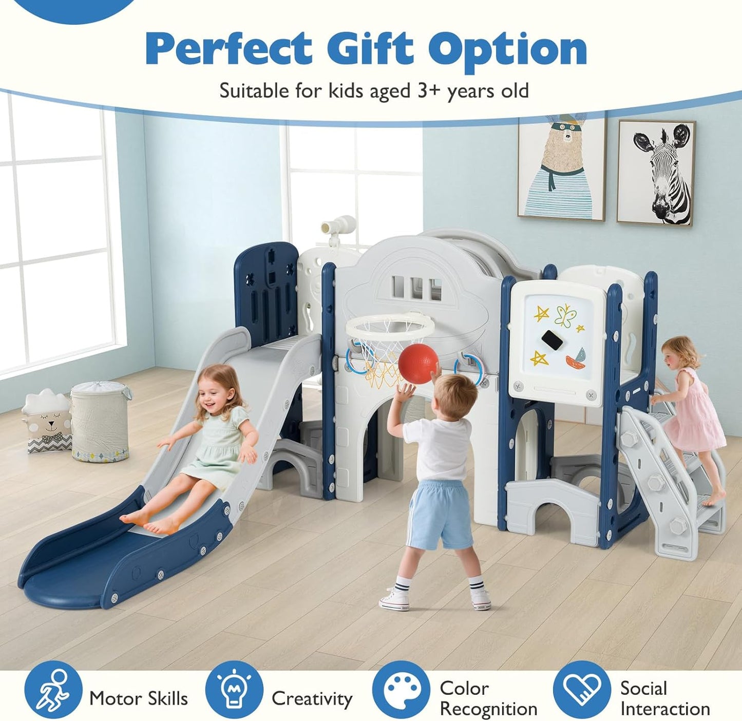 Costzon 10 in 1 Toddler Slide Set, Kids Slide and Climber Playset with Magnetic Whiteboard, Ring Toss, Basketball Hoop, Crawling Tunnel, Long Aisle & Storage, Indoor Playground for Ages 3+ (Blue)