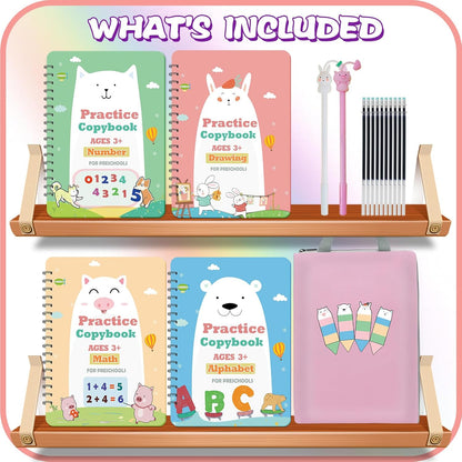 Upgraded Large Size Magic Practice Copybook for Kids, Reusable Writing Practice Book, Preschool Copybook (4 Books with Pens) - Pink Bag