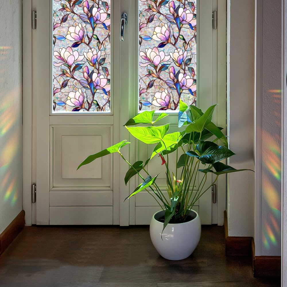 Flower Stained Glass Window Film Decorative Static Cling Stickers Sun Blocking Privacy Decals for Home Car White Lily