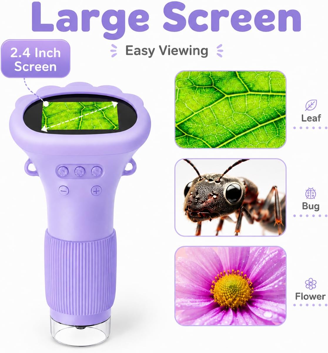 Kids Microscope Digital Camera, 1000X Handheld Camera Microscope for Kids with 2'' Screen, Educational Magnifying Glass Toy Christmas Birthday Gifts for Age 3 4 5 6 7 8 9 10 11 12 Girls Boys - Purple
