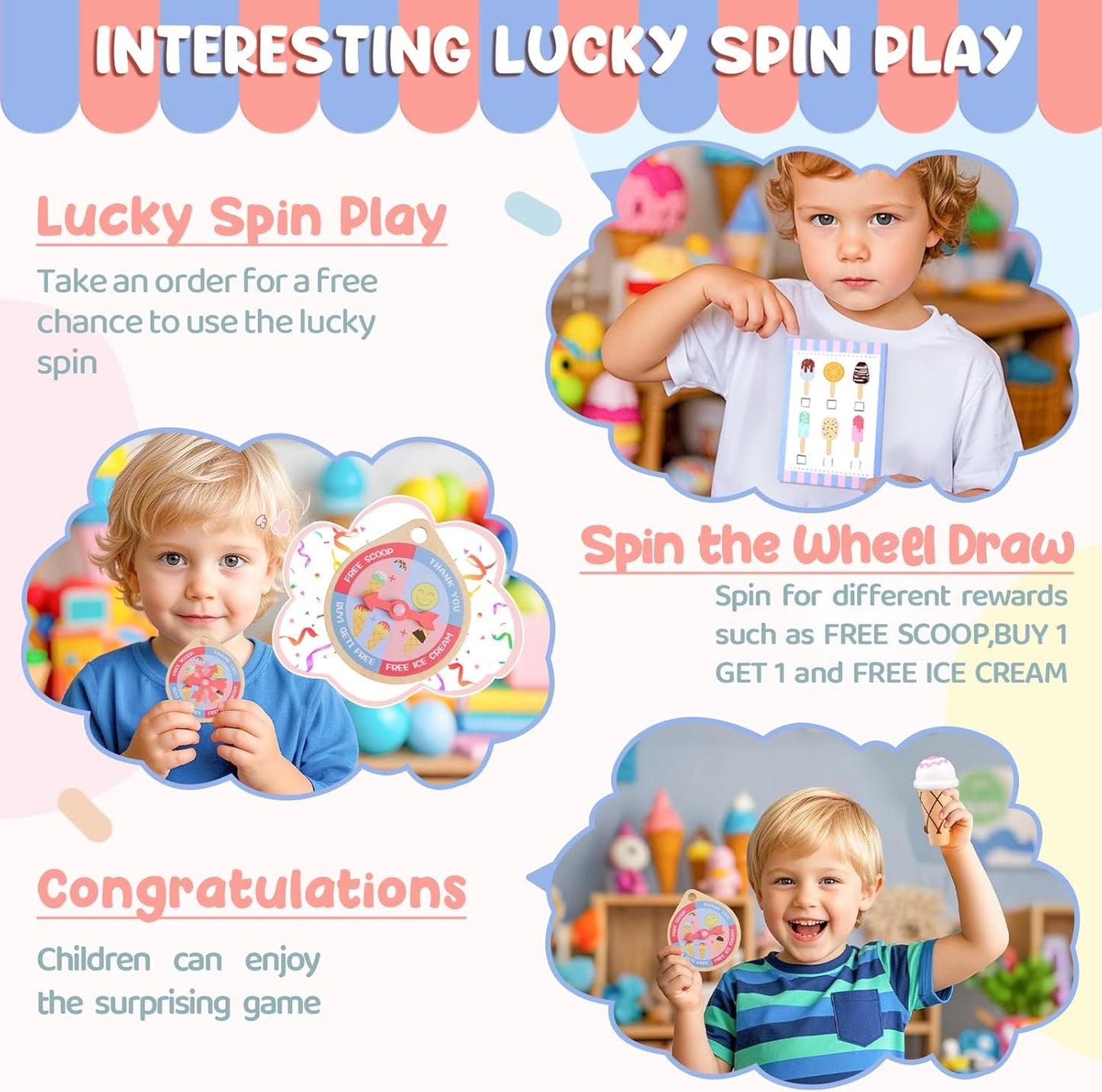 Ehome Wooden Ice Cream Toys Set Pretend Play Food Store for Kids Serve Ice Cream Counter Shop Kitchen Playset with Lucky Wheel, Scoop, Menu, Fake Money for Boys and Girls Ages 3 4 5 6 Birthday Gift