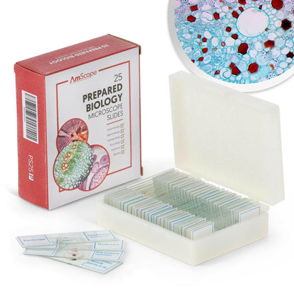 AmScope PS25 Prepared Microscope Slide Set for Basic Biological Science Education, 25 Slides, Includes Fitted Wooden Case Brown