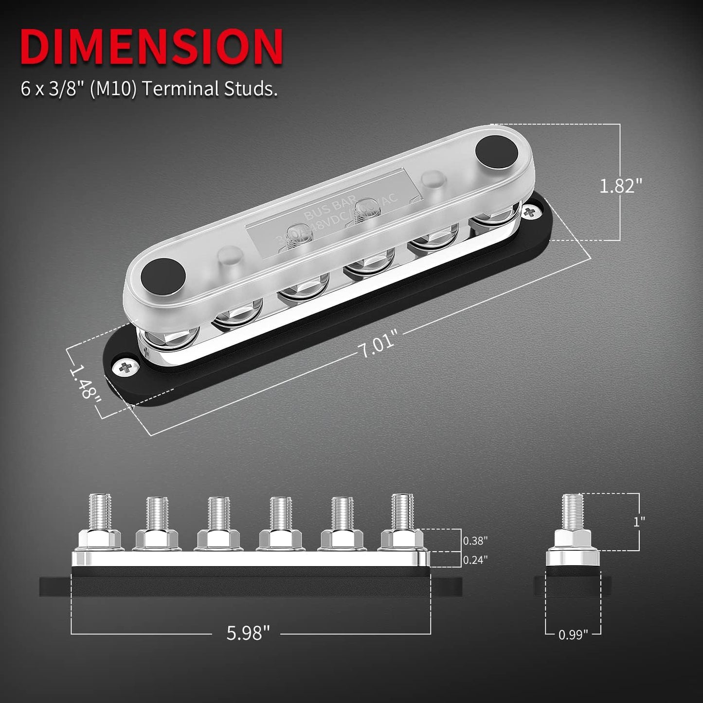 DaierTek 300A Copper Bus Bar 12V, Power Distribution Block with Cover 3 x 3/8” M10 Studs & 10 x M5 Terminal Screws for Car Marine Solar Battery Negative & Positive
