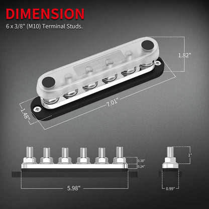 DaierTek 300A Copper Bus Bar 12V, Power Distribution Block with Cover 3 x 3/8” M10 Studs & 10 x M5 Terminal Screws for Car Marine Solar Battery Negative & Positive