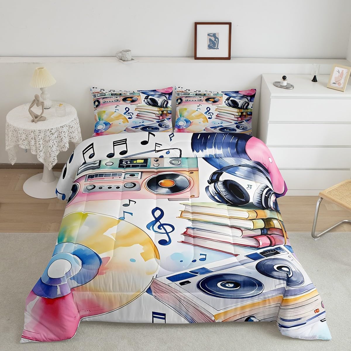 Erosebridal Drum Kit 3D Print Kids Comforter Sets Rock Music Themed Full Bedding Set for Boys Girls Musical Pattern Comforter Set,Colorful Retro Style Quilt Duvet 3 Pcs