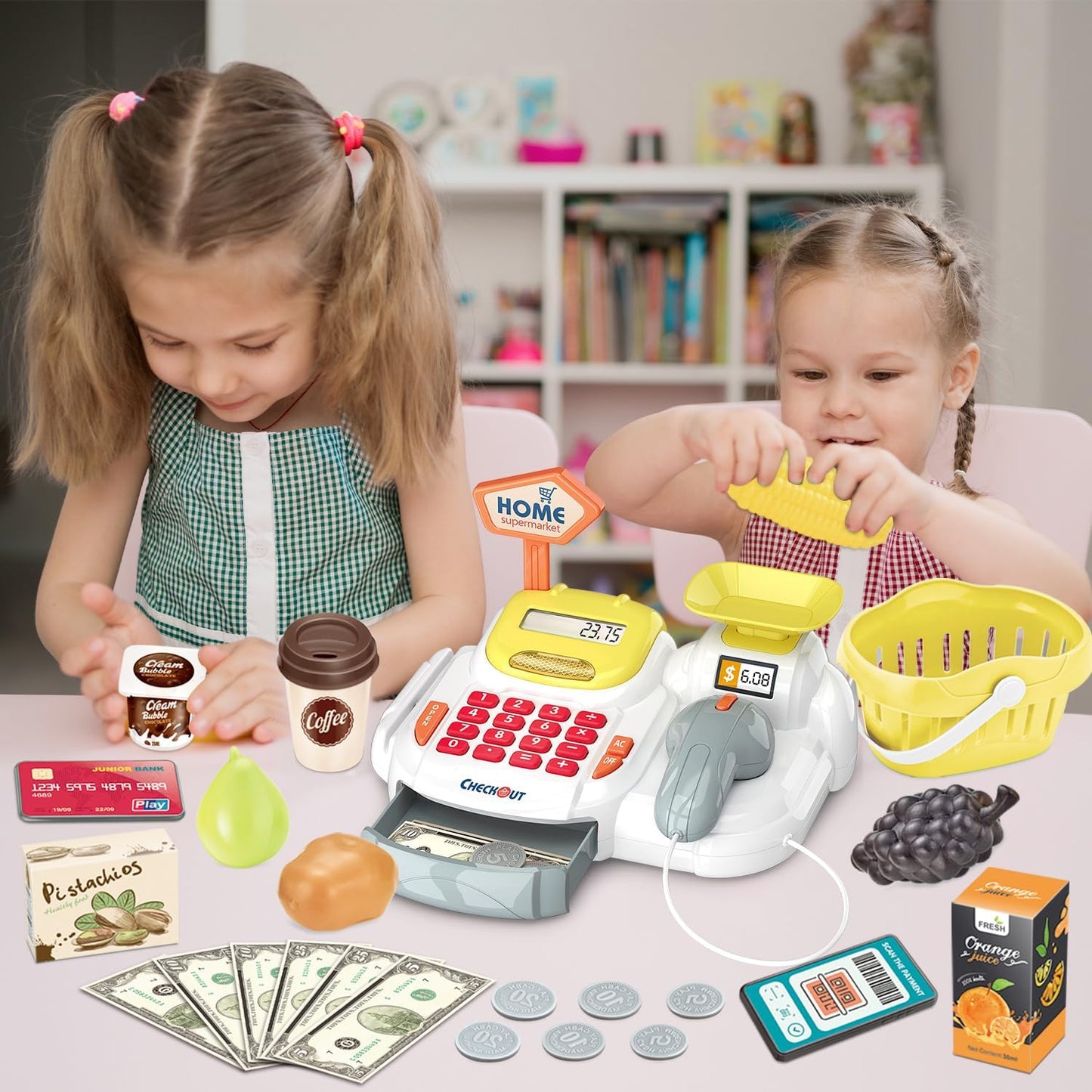 Cash Register 36PCS Supermarket Shop Toys with Electronic Sounds,Working Scanner,Calculator,Credit Card Reader,Play Food and Money Preschool Learning for Girl Boys Kids (Green)