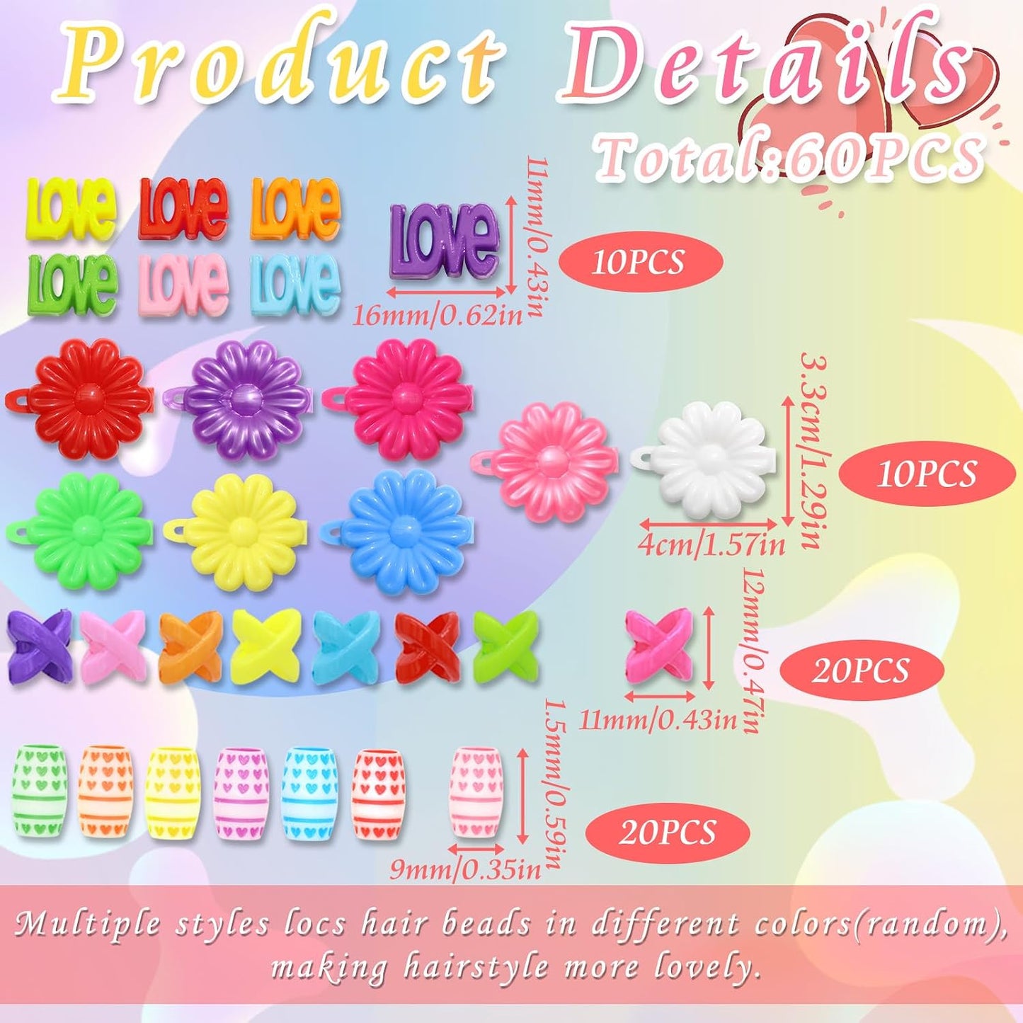 60PCS Colorful Hair Beads 3 Styles Loc Bead Flower Self Hinge Hair Barrettes Cute Design Acrylic Dreadlock Beads Accessories for Kids Girls