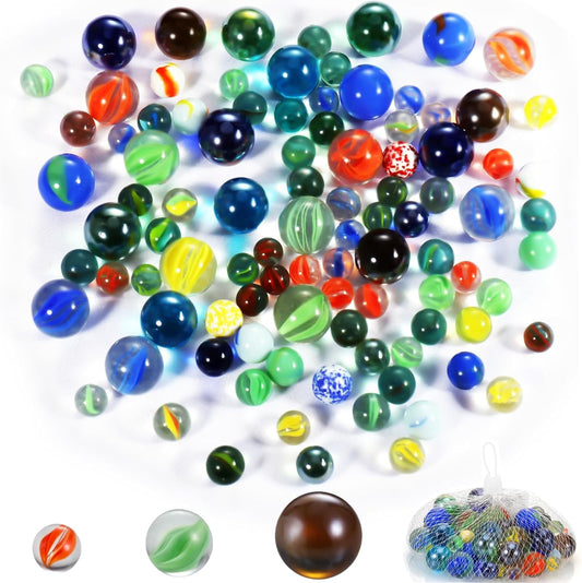 Glass Marbles, Bulk 100Pcs Cat Eye Mix Colors Medium Sized Thick Marble Decorative Gift Retro Game with 14mm and 16mm for Bounce, Chinese Checkers Board Game, Vases, Party Decor