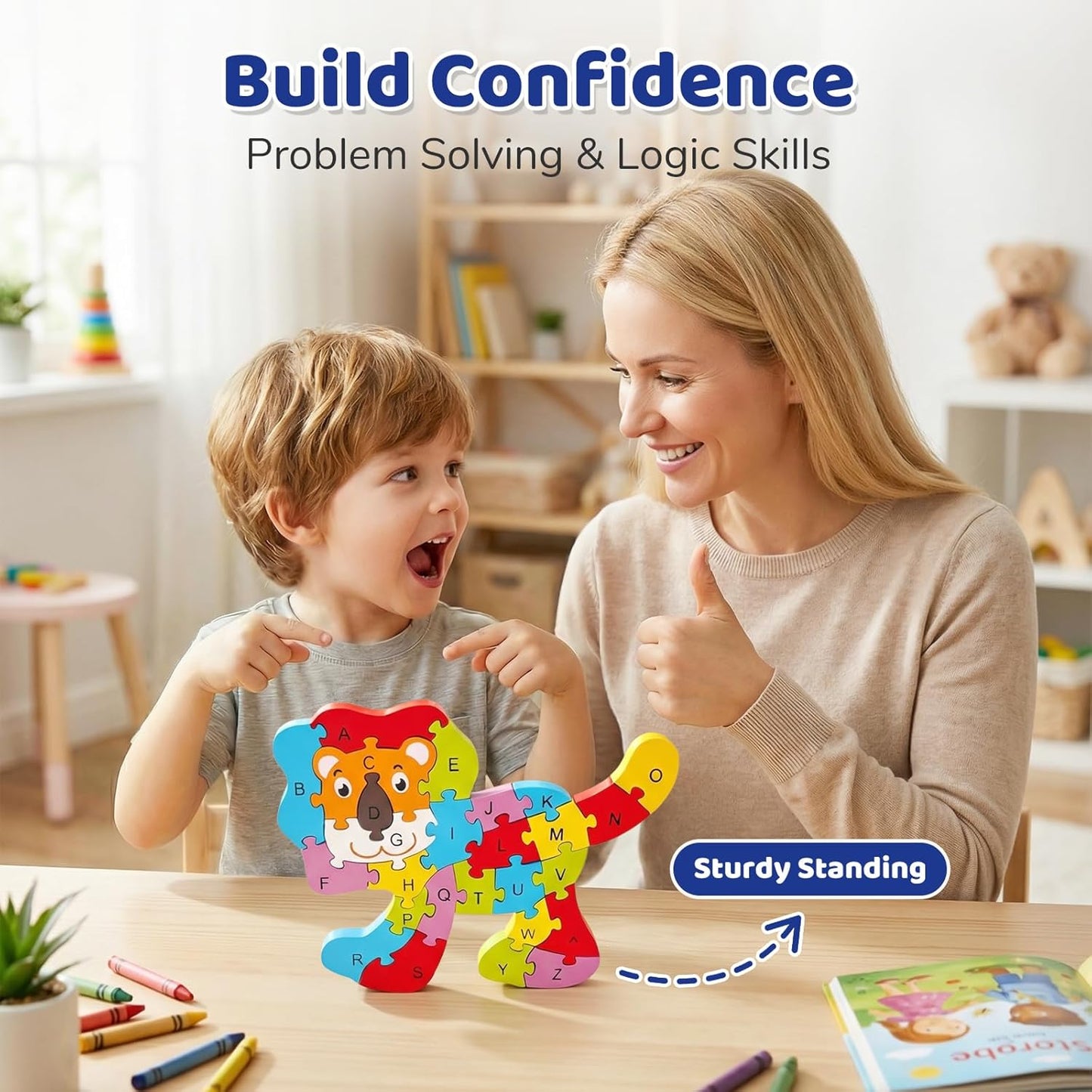 LovesTown Wooden Puzzles for Kids, Double Sided Giraffe Jigsaw with Alphabet & Numbers, Montessori Educational Toy for Toddlers, Chunky Animal Gift