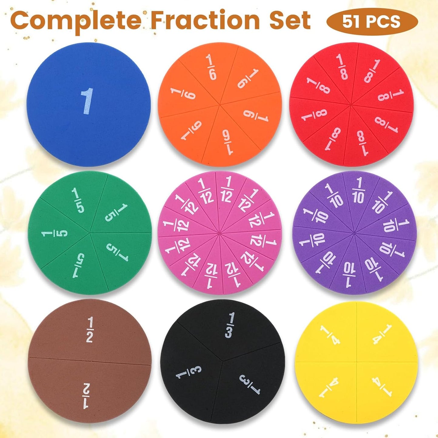 51 PCS Magnetic Fraction Tiles Circles, Fraction Circles Set Rainbow Math Manipulatives for Fraction Learning Math Practice Teacher Must Haves