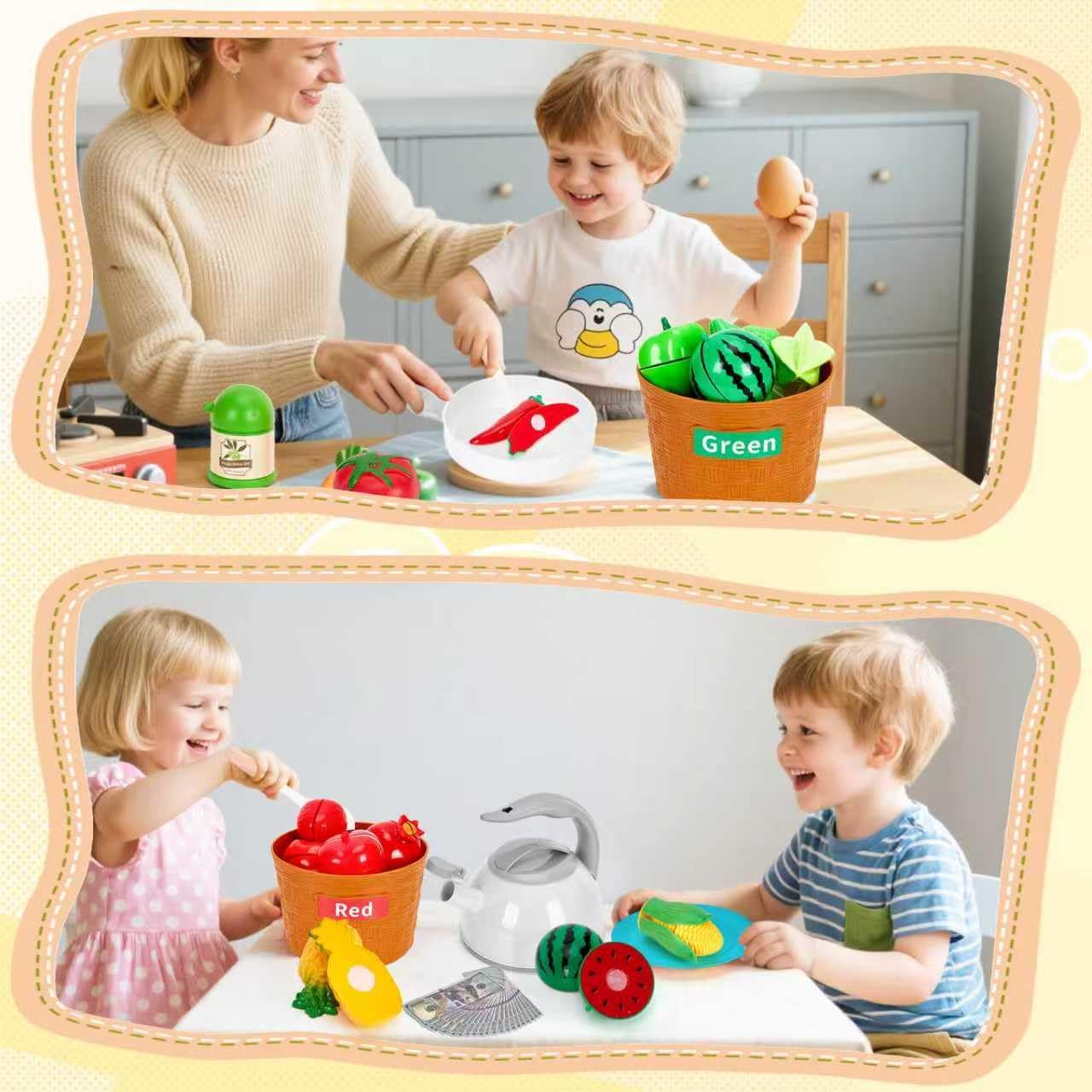 150Pcs Kitchen Playset, Toddlers Pretend Cooking Cookware Accessories, Food, Picnic Blanket, Fruits, Veges, 2Pack Shopping Storage Basket, Dessert and Prop Money, Gift for Kids (Pink)
