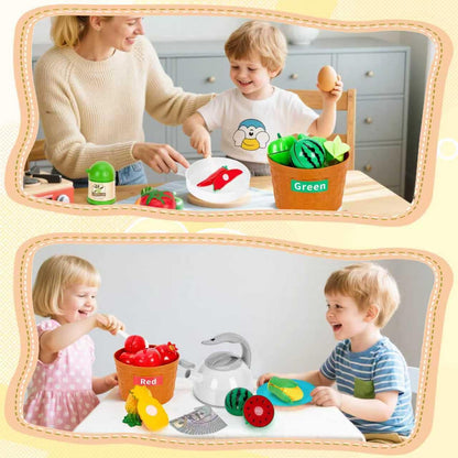 150Pcs Kitchen Playset, Toddlers Pretend Cooking Cookware Accessories, Food, Picnic Blanket, Fruits, Veges, 2Pack Shopping Storage Basket, Dessert and Prop Money, Gift for Kids (Pink)