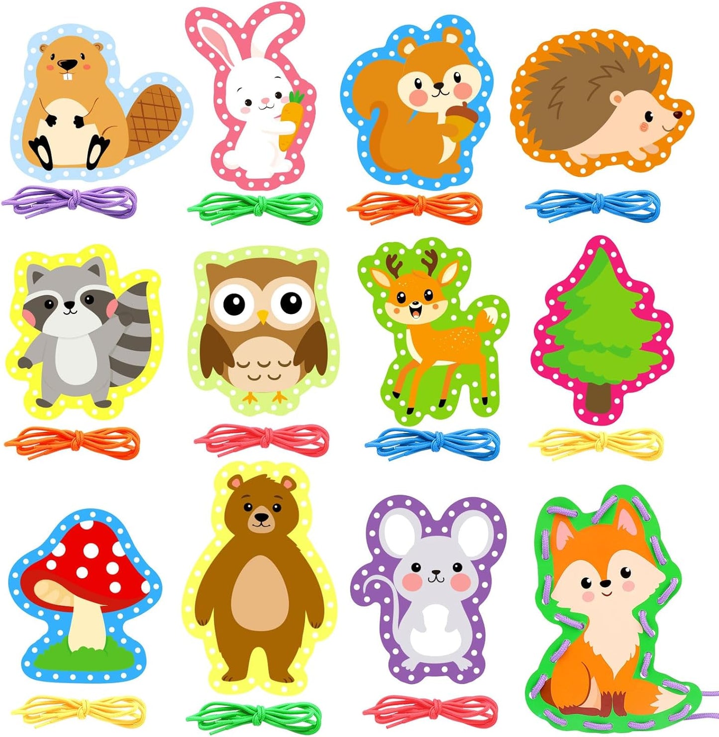 Omlisca Woodland Animals Lacing Cards for Kids 12 Pack Forest Animals Sewing Cards Owl Fox Bear Woodland Theme Party Decor Arts and Crafts Gifts for Toddler Preschool Developing Imagination Supplies