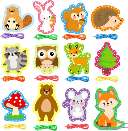 Omlisca Woodland Animals Lacing Cards for Kids 12 Pack Forest Animals Sewing Cards Owl Fox Bear Woodland Theme Party Decor Arts and Crafts Gifts for Toddler Preschool Developing Imagination Supplies