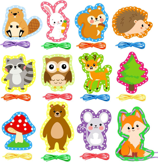 Omlisca Woodland Animals Lacing Cards for Kids 12 Pack Forest Animals Sewing Cards Owl Fox Bear Woodland Theme Party Decor Arts and Crafts Gifts for Toddler Preschool Developing Imagination Supplies