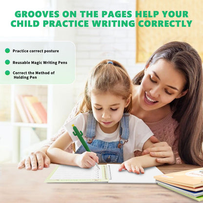 BYFWH Magic Groove Practice Copybook for Kids, Reusable Writing Practice Books, Grooved Handwriting Book Set for Kid Ages 3-8 Calligraphy 5.59 * 7.91 (5 Medium Books with Cactus Pens & Gift Box)