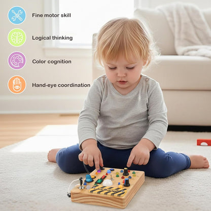 Sanlebi LED Busy Board for Toddlers 1-3,Montessori Toy with Key Switch, Light Up Wood Activity Sensory Board for Fine Motor Skills, Educational Travel Toy Gift for 1 2 3 Year Old Boys Girl