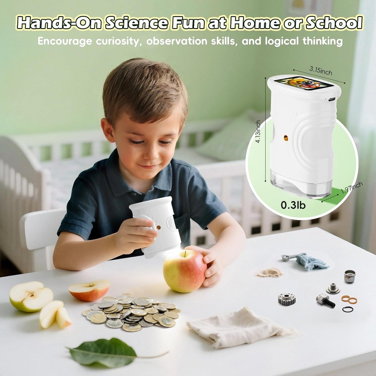 Alotwan Kids Microscope Digital 1000X Zoom, Mini Pocket Handheld Microscope Portable Travel Toys, HD Camera Video Magnifying Glass, Christmas Birthday Gifts for Girls, STEM Toys for Toddlers Age 3-8
