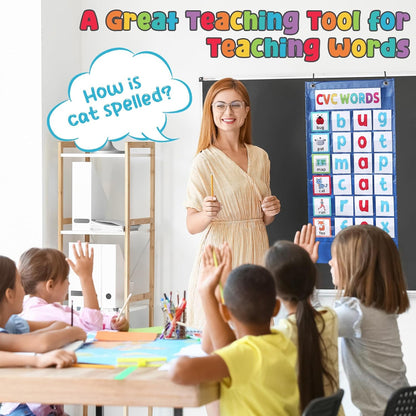 Pasimy CVC Word Pocket Chart with 65 Double-Sided Phonics Flash Cards Classroom CVC Word Literacy Games Preschool Kindergarten Classroom Must Haves for Learning Reading and Spelling(Blue)