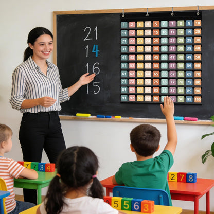 ANCOMEDO Hundred Pocket Chart with 100 Pockets and 150 Pieces Boho Double-Sided Number Cards,Number 1-100 Pocket Chart for Students Classroom Home Counting and Organizer (Black-100 Pockets)