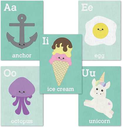 Children Inspire Design Baby Room Decor 16x20 Inch Print, Display Kids Artwork, Cute Room Decor, Vowels Wall Cards, Educational Flash Cards, Mint Green Decor Nursery