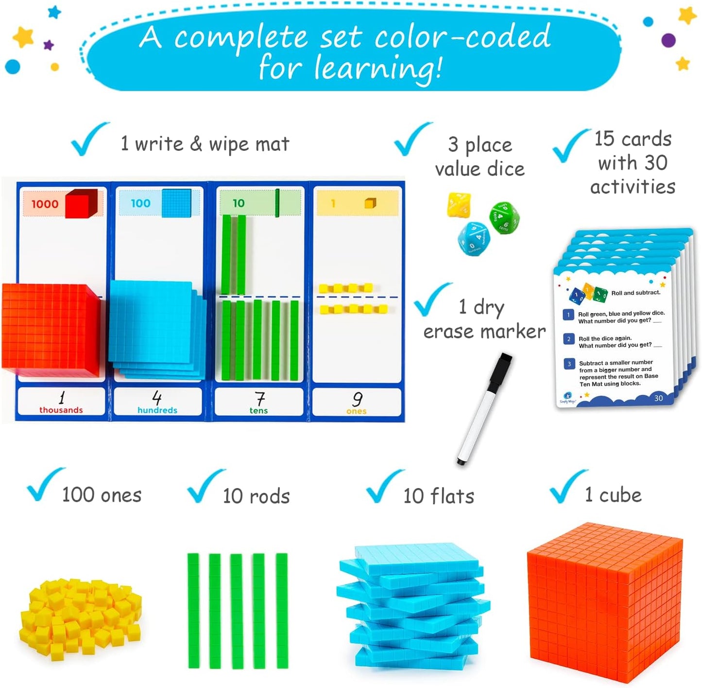 Simply magic 140+1 PCS Colorful Base Ten Blocks & Activities Set - Base Ten Blocks Classroom Set, Base 10 Math Manipulatives, Place Value Blocks Mat, Ones Tens Hundreds Blocks, Math Counters Cubes
