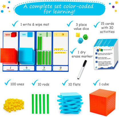 Simply magic 140+1 PCS Colorful Base Ten Blocks & Activities Set - Base Ten Blocks Classroom Set, Base 10 Math Manipulatives, Place Value Blocks Mat, Ones Tens Hundreds Blocks, Math Counters Cubes
