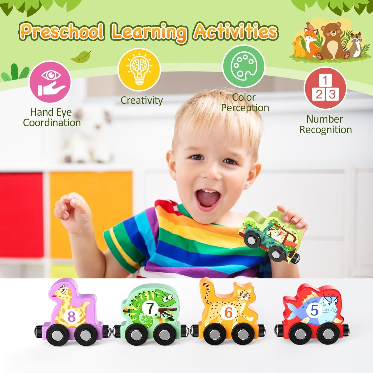 Zeoddler Toys for Toddlers, 11 Magnetic Wooden Animals Train Set, Montessori Toys for Toddlers, Preschool Learning Activities for Kids, Birthday Gifts for Boys, Girls