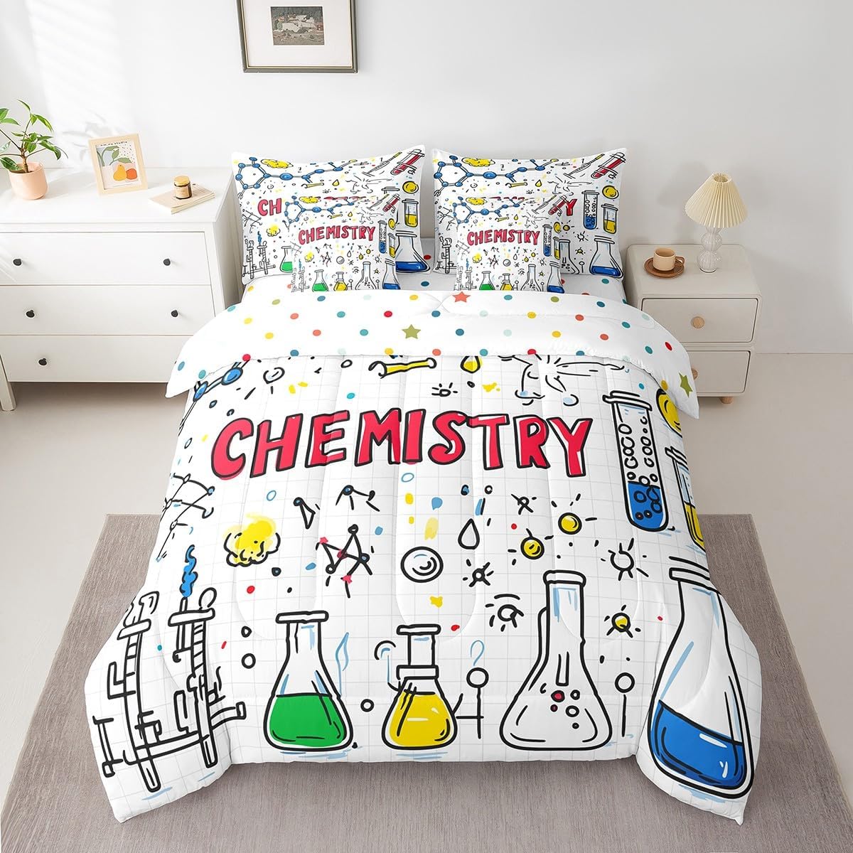 Erosebridal Chemical Equation Bed in a Bag Queen Comforter Set 7 Piece,Chemistry Bedding Sets Science Students Learning Gift Sheet Set with Comforter,Molecular Formula Education Bed Set - Colors A