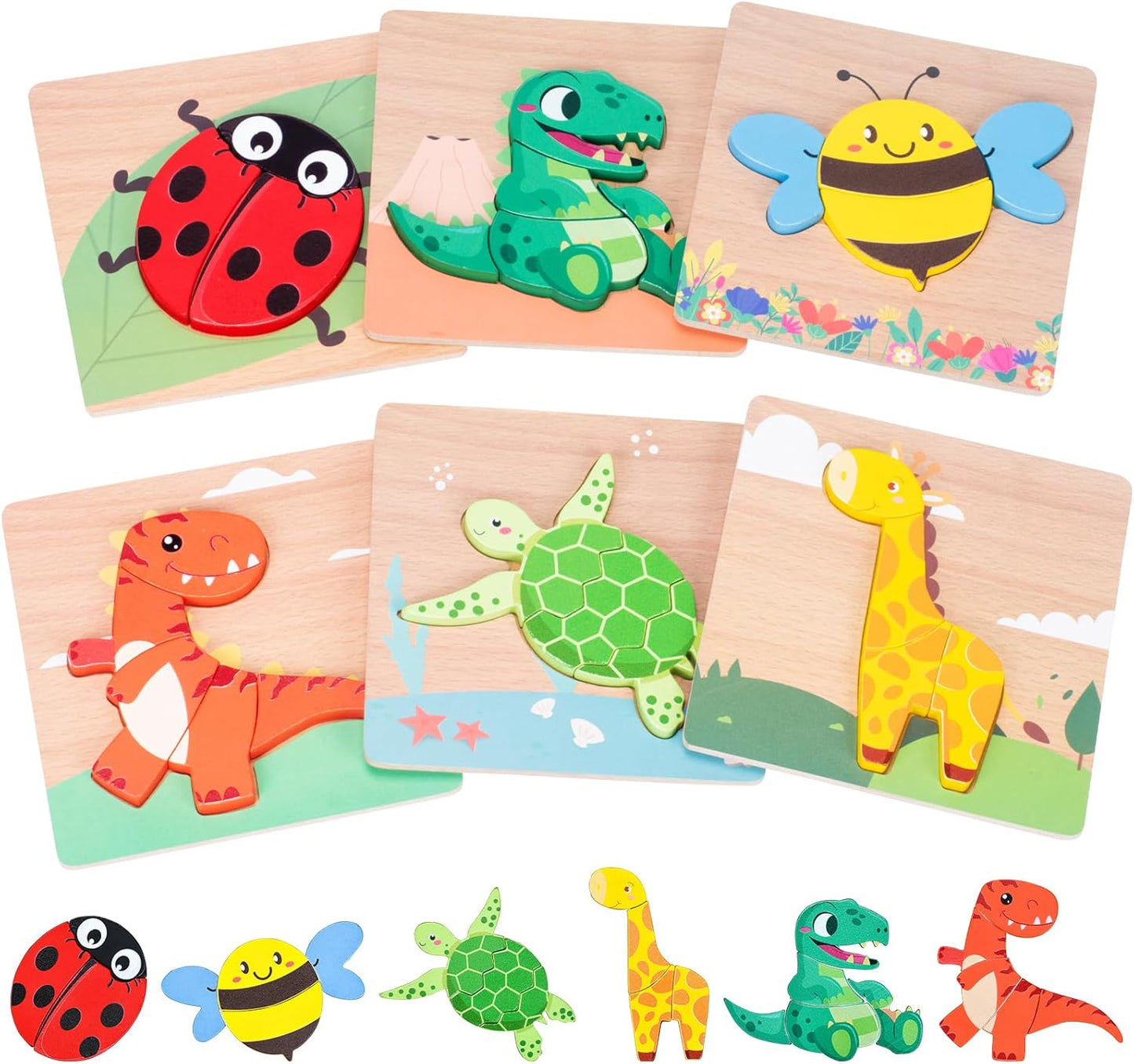 6 Pack Wooden Puzzles for Toddlers 1-3, Montessori Puzzles for 2-4 Year Old, Animal Shape Toddler Puzzles Montessori Toy Baby Learning Preschool Educational Toys Gift