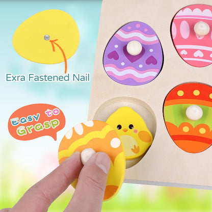 CCINEE Easter Wooden Peg Puzzles for Toddlers 1-3, 6 Pcs Matching Egg Puzzle Montessori Educational Toys for Easter Basket Stuffers Party Favors Learning Activities