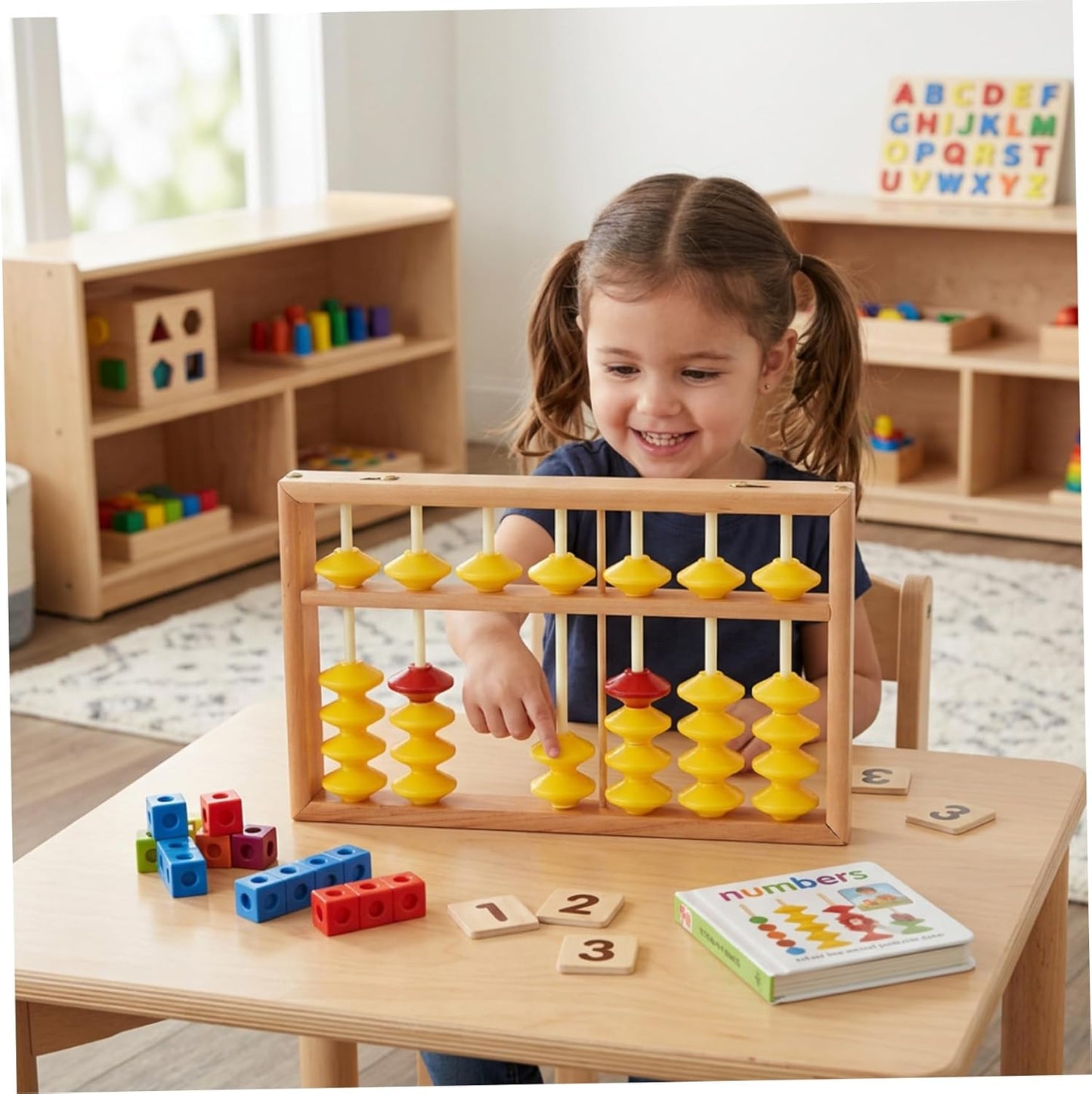 Wooden Abacus for Kids Math, 7 Rods Classroom Abaco with Non-Slip Beads & Hanging Rope, Teacher's Large Abacus for Elementary School
