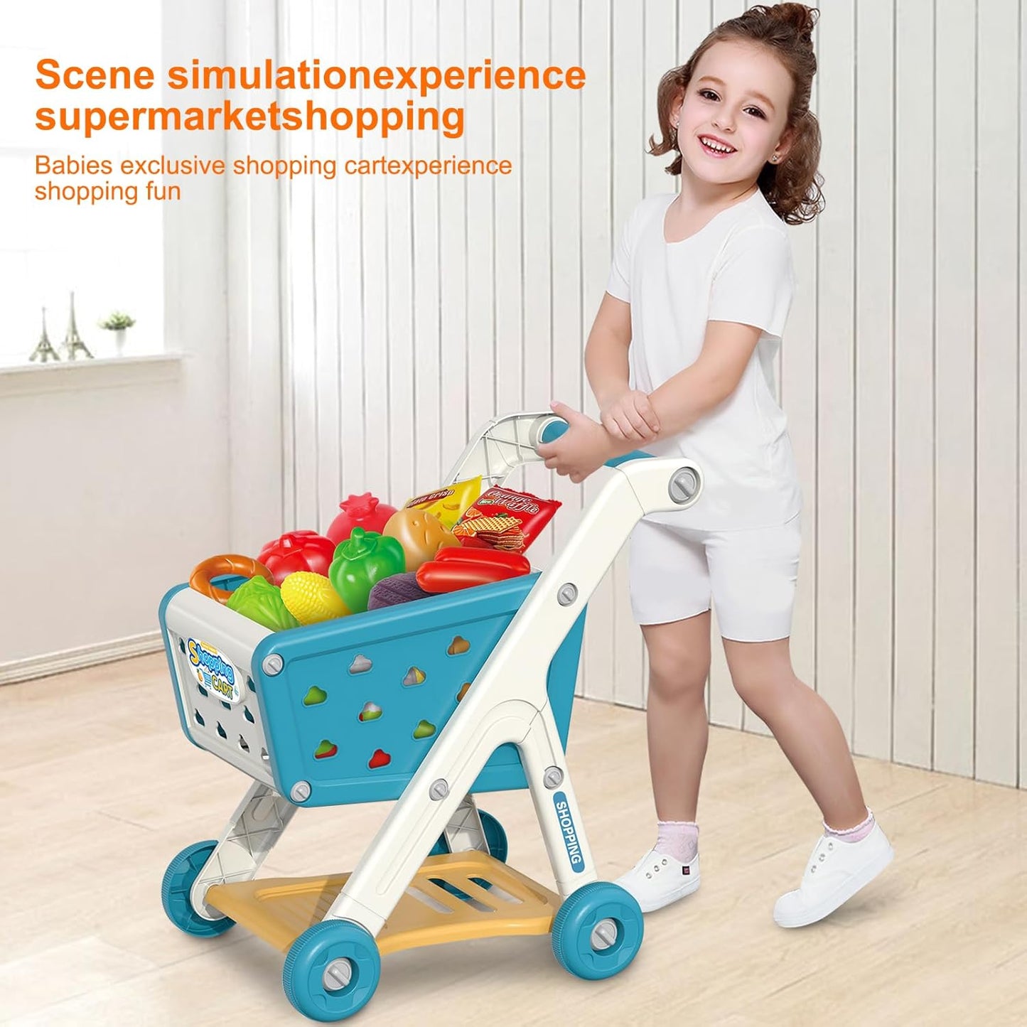 Yalujumb Kids Shopping Cart Trolley Play Set and Pretend Play Calculator Cash Register Toy with Pretend Food and Accessories,Perfect for Ages 3+ Pretend Play and Role-Playing Games