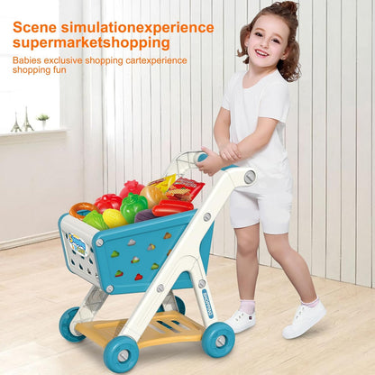 Yalujumb Kids Shopping Cart Trolley Play Set and Pretend Play Calculator Cash Register Toy with Pretend Food and Accessories,Perfect for Ages 3+ Pretend Play and Role-Playing Games