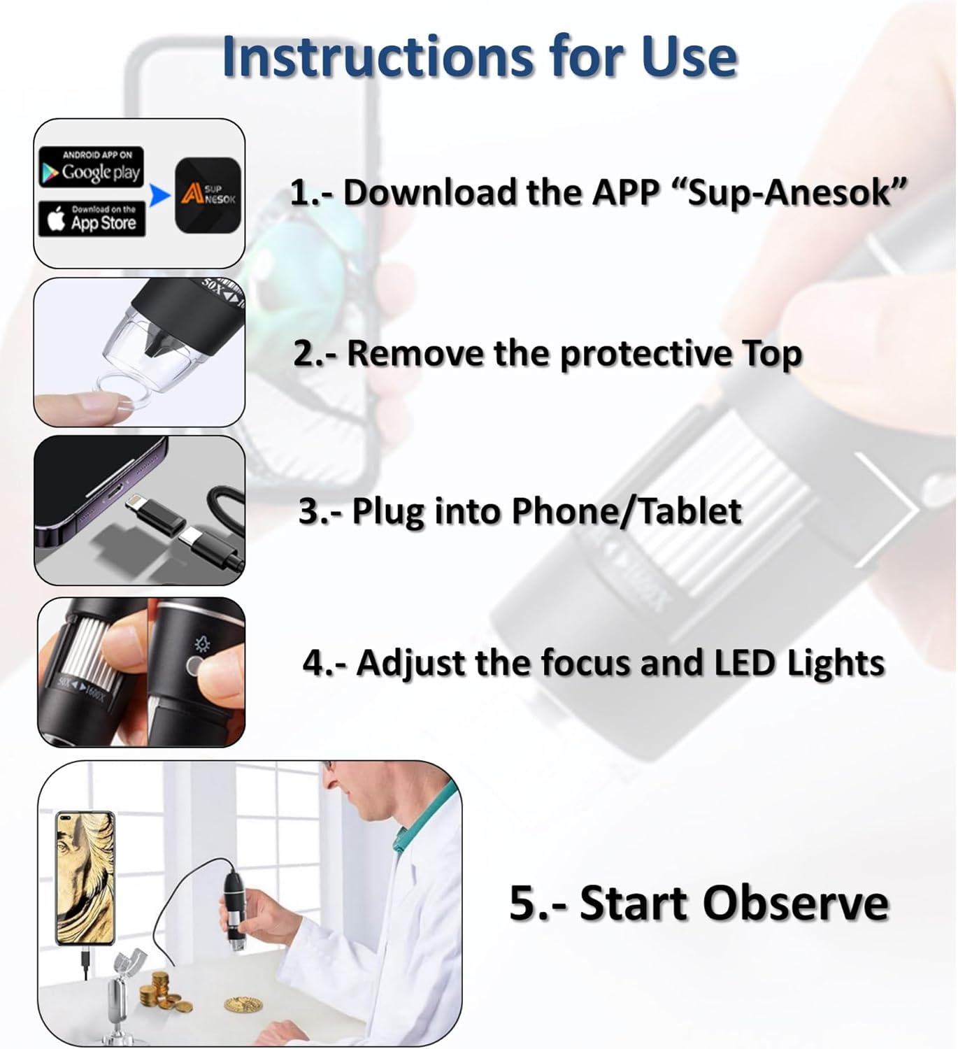 USB Digital Microscope, 50x-1600x Magnification Handheld, 1920P HD 8 LED Lights, Portable Pocket Microscope, Compatible with iOS and Android Devices, +2MP Magnifier Camera, No PC Support