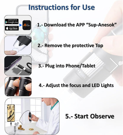 USB Digital Microscope, 50x-1600x Magnification Handheld, 1920P HD 8 LED Lights, Portable Pocket Microscope, Compatible with iOS and Android Devices, +2MP Magnifier Camera, No PC Support