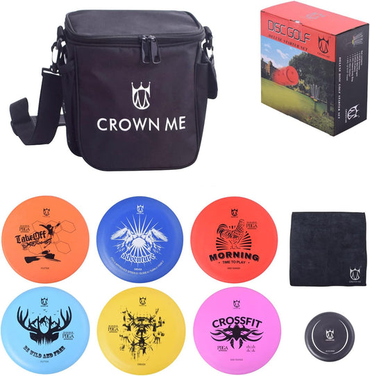 CROWN ME Disc Golf Starter Set,Disc Golf Set with 6 Discs, 1 Marker,1 Towel and Starter Disc Golf Bag Fairway Driver
