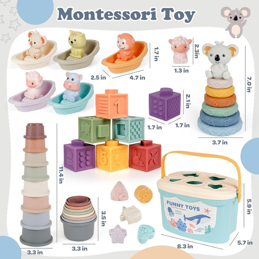 Montessori Baby Toys for Infants 6-18 Months, Shape Sorter for Toddler 6–12 Months, Sorting Stacking Toy for Fine Motor Skills, Sensory Learning Set with Stacking Rings for Babies Birthday Gift（Blue）