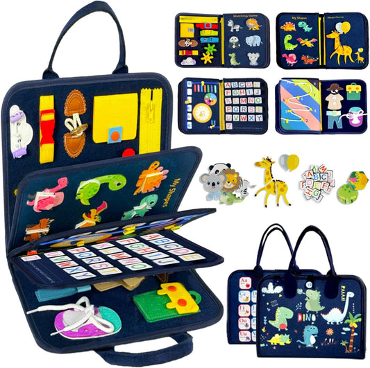 Qizfun Montessori Busy Board & Busy Book for Toddlers – Sensory & Learning Toy That Keeps Kids Busy, Travel Toy for Airplane & Car, Screen for Boys & Girls (Blue/P4)