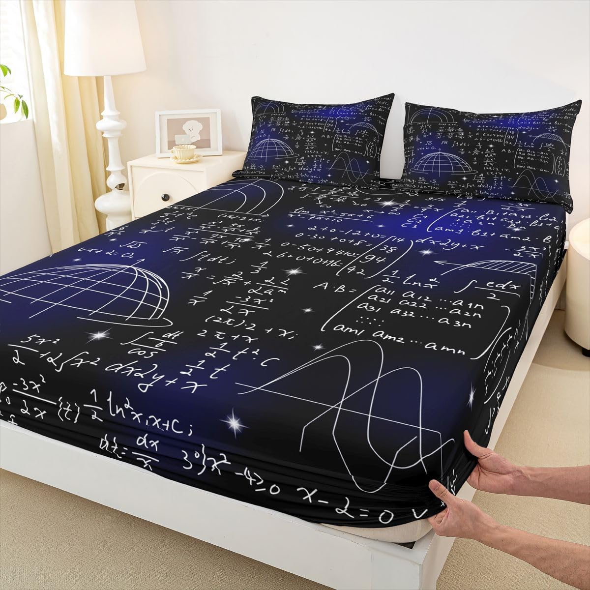 Erosebridal Science Theme Bed Sheets Set Full Size for Boys Girls Chemistry Periodic Table Print Sheet Set Chemical Subject Theme Sheets Teens Kids Math Science Atyle Fitted Sheet 4 Pcs