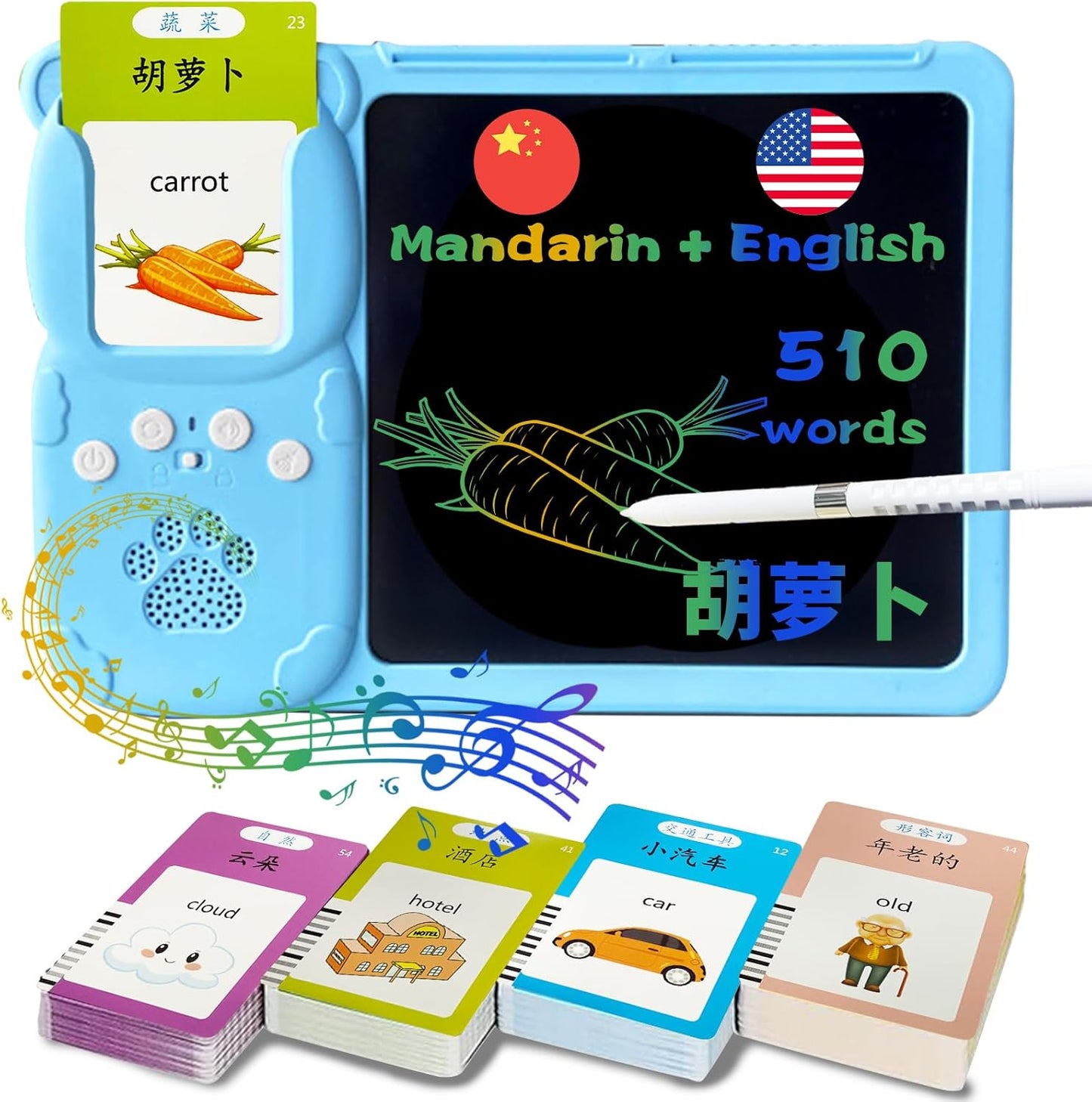 Talking English & Spanish Flash Cards - 8" LCD Writing Tablet for Kids 3-12, Bilingual 510 Sight Words, Toddler Pocket Speech, Drawing Sketch Pad, Autism Toys for Boys (Spanish, Blue)