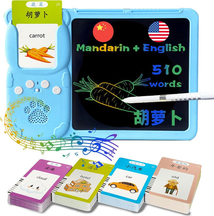 Talking English & Spanish Flash Cards - 8" LCD Writing Tablet for Kids 3-12, Bilingual 510 Sight Words, Toddler Pocket Speech, Drawing Sketch Pad, Autism Toys for Boys (Spanish, Blue)