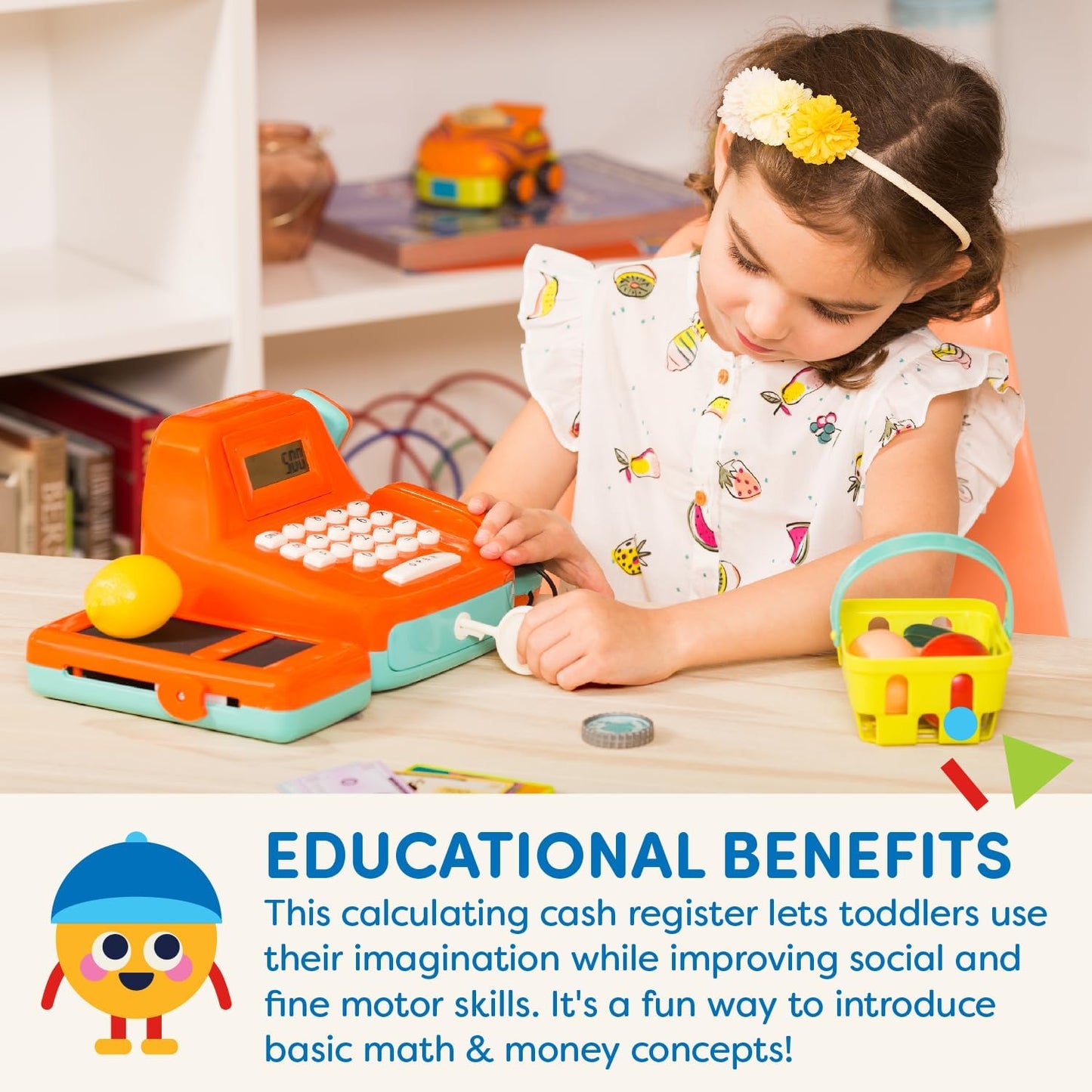 Battat – Interactive Kids Cash Register with Scanner & Sounds – 26 Pieces Pretend Play Shopping Set with Light – Up Scanner, Play Money & Card – Educational Toy for Learning & Fun – 3+ Years