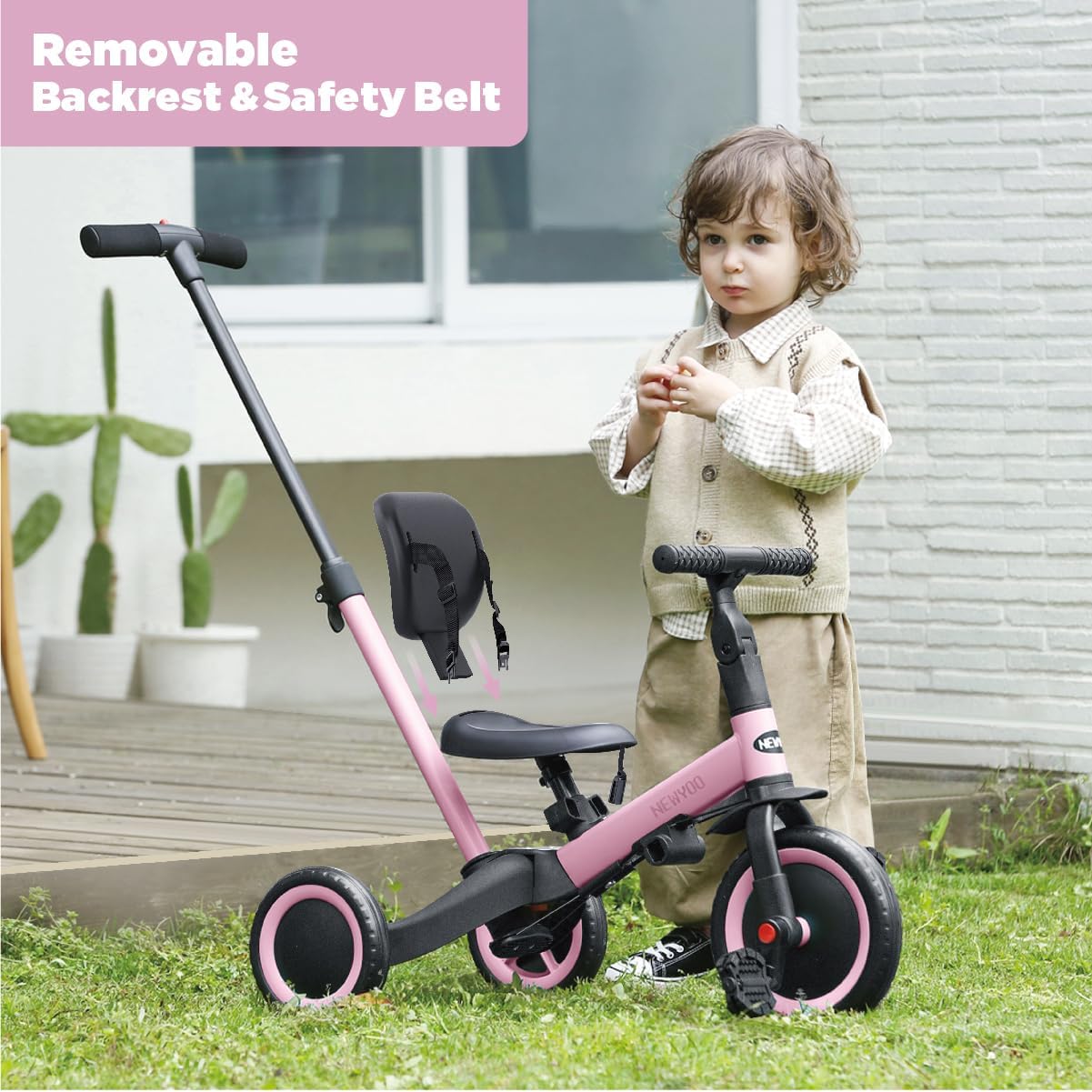 newyoo Toddler Tricycle with Push Handle for 1-3 Year Old, Toddler Bike, Birthday Gift and Toy for Boys and Girls, 5 in 1 Kids Trike, Balance Bike with Backrest and Safety Belt, Khaki, TR007