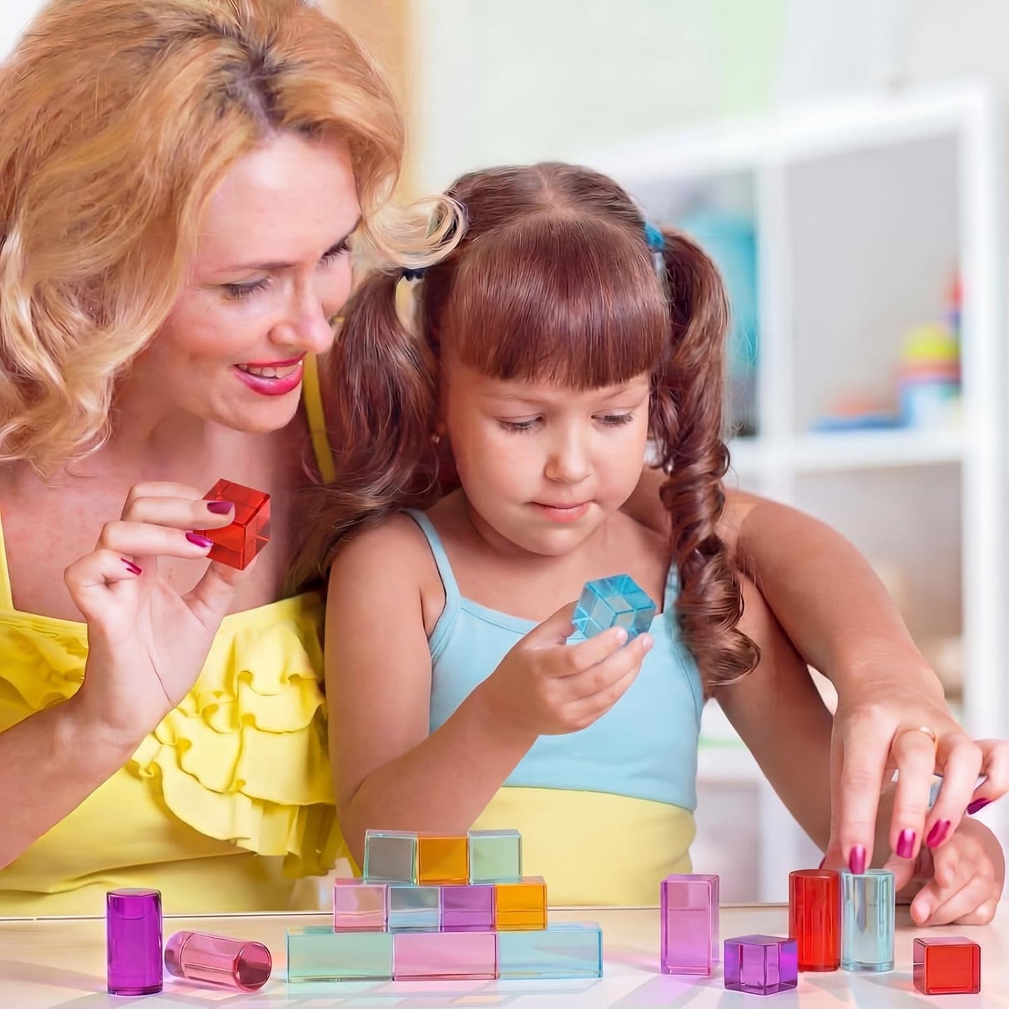 16 Pcs Acrylic Wooden Gem Blocks Sparkling Translucent Cubes Stacking Toys Wooden Cubes Blocks with Colorful Acrylic Open Ended Play Montessori Educational Toys (Round)