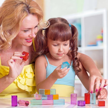 16 Pcs Acrylic Wooden Gem Blocks Sparkling Translucent Cubes Stacking Toys Wooden Cubes Blocks with Colorful Acrylic Open Ended Play Montessori Educational Toys (Round)