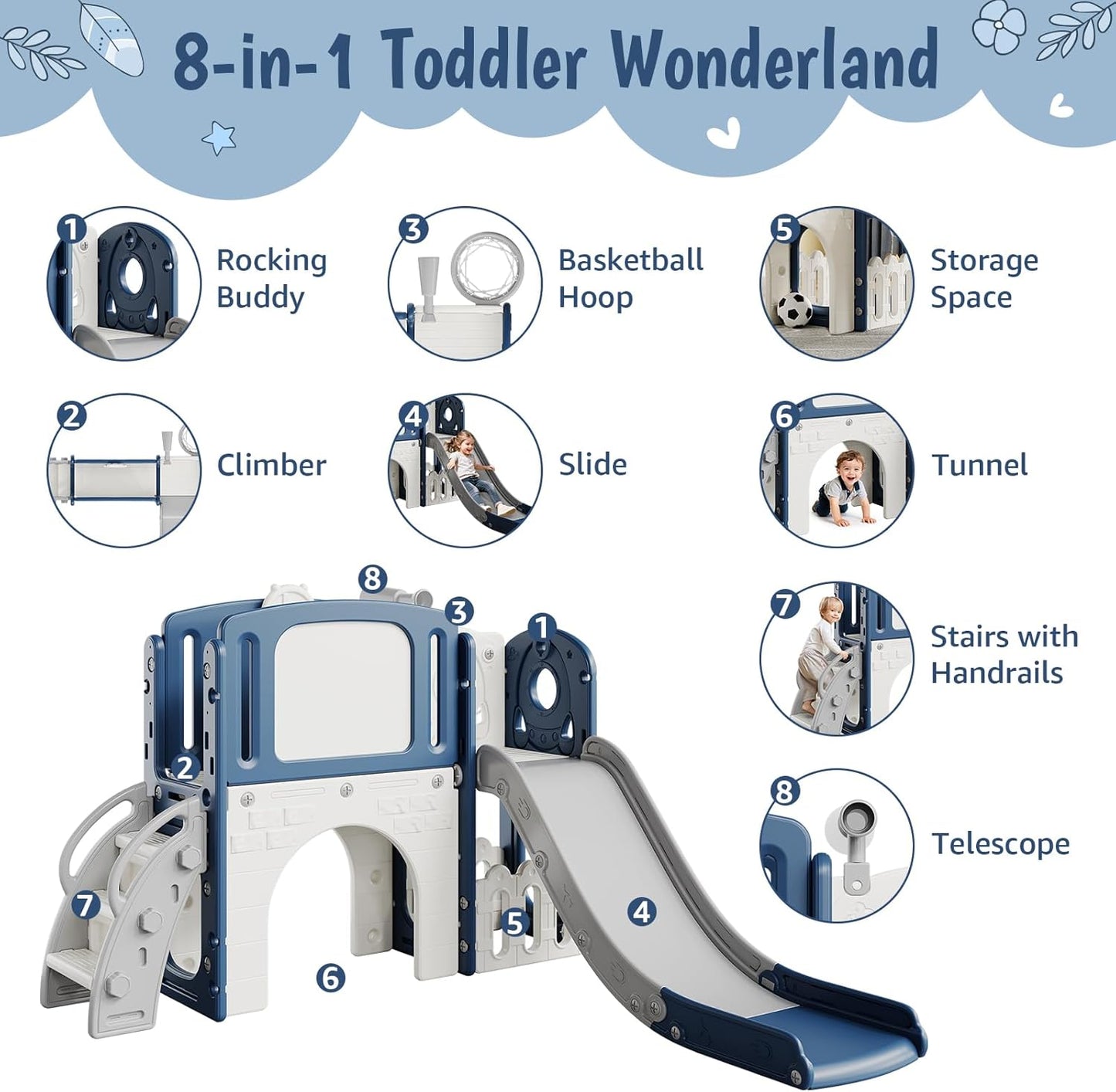 GarveeLife Toddler Slide 8 in 1 Indoor Playground Outdoor Playset Kids Baby Slides for Toddlers Age 1-3 with Climber Basketball Hoop Telescope Drawing Board and Storage Space for Courtyards