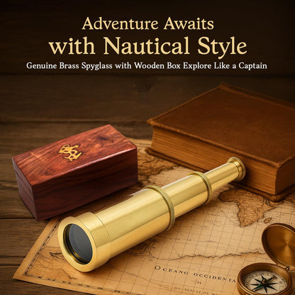 NauticalMart 6 Inch Brass Telescope with Wooden Box for Nautical Collectibles and Pirate Spyglass for Young and Adults, Ideal Decorative Piece for Home or Office