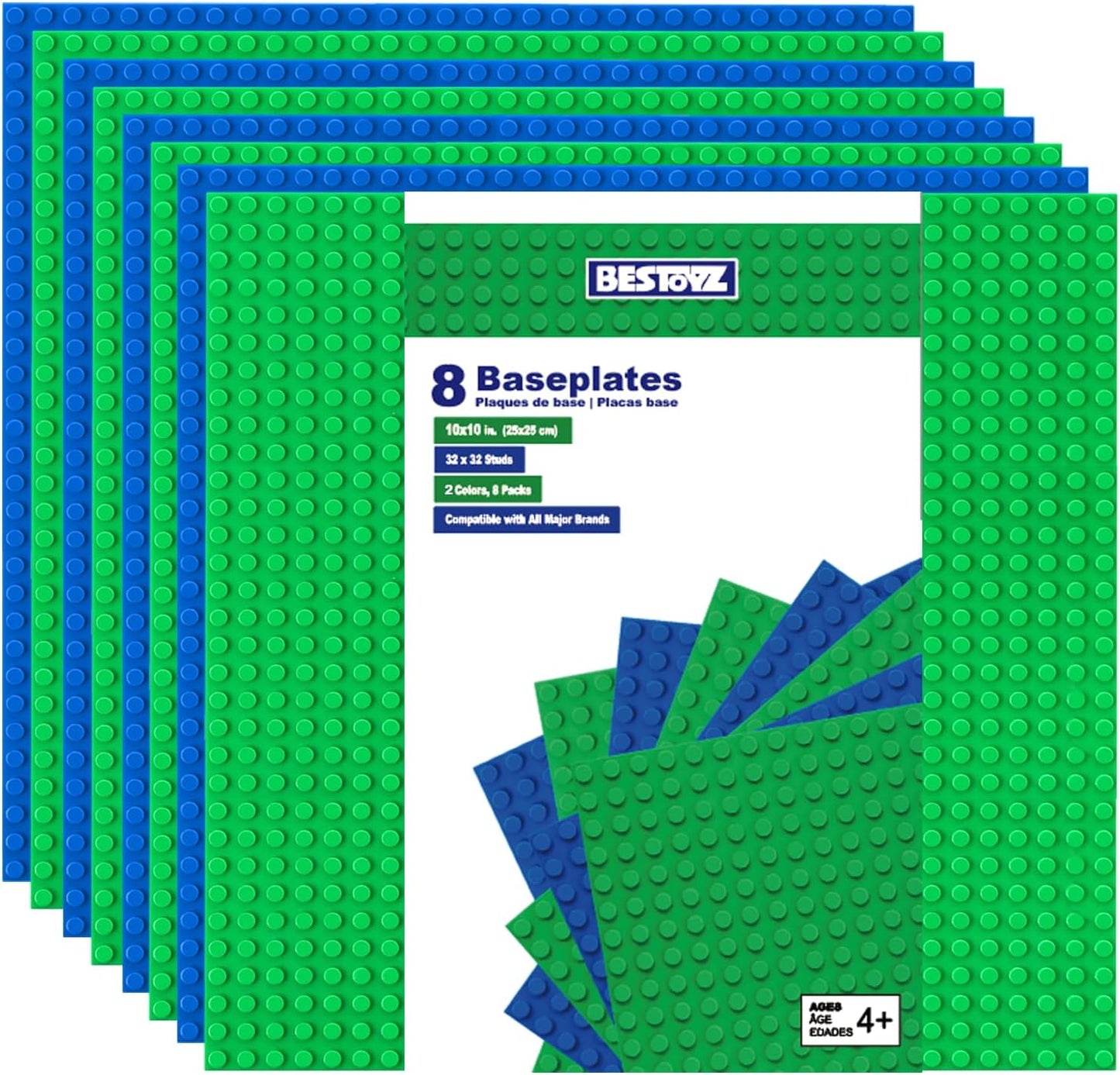 Building Bricks Baseplates Multipack 32x32 Stud, 8 Pack of Base Plates in Color of Black, Dark Grey, Light Grey & White, Foundation & Display for Building Blocks, 10x10 in. (25.5x25.5 cm)